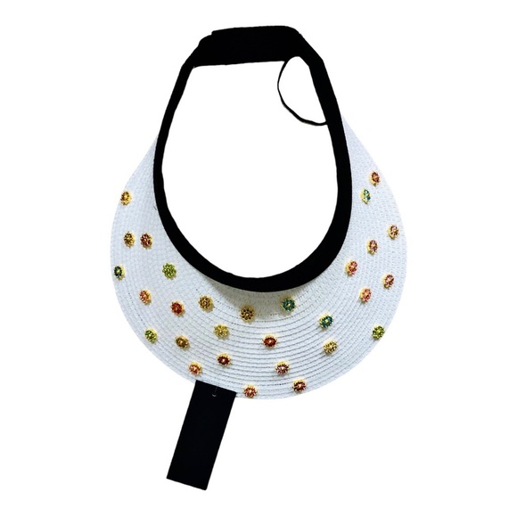 White black bejeweled faux precious‎ stones raffia straw sun visor hat new main image 14